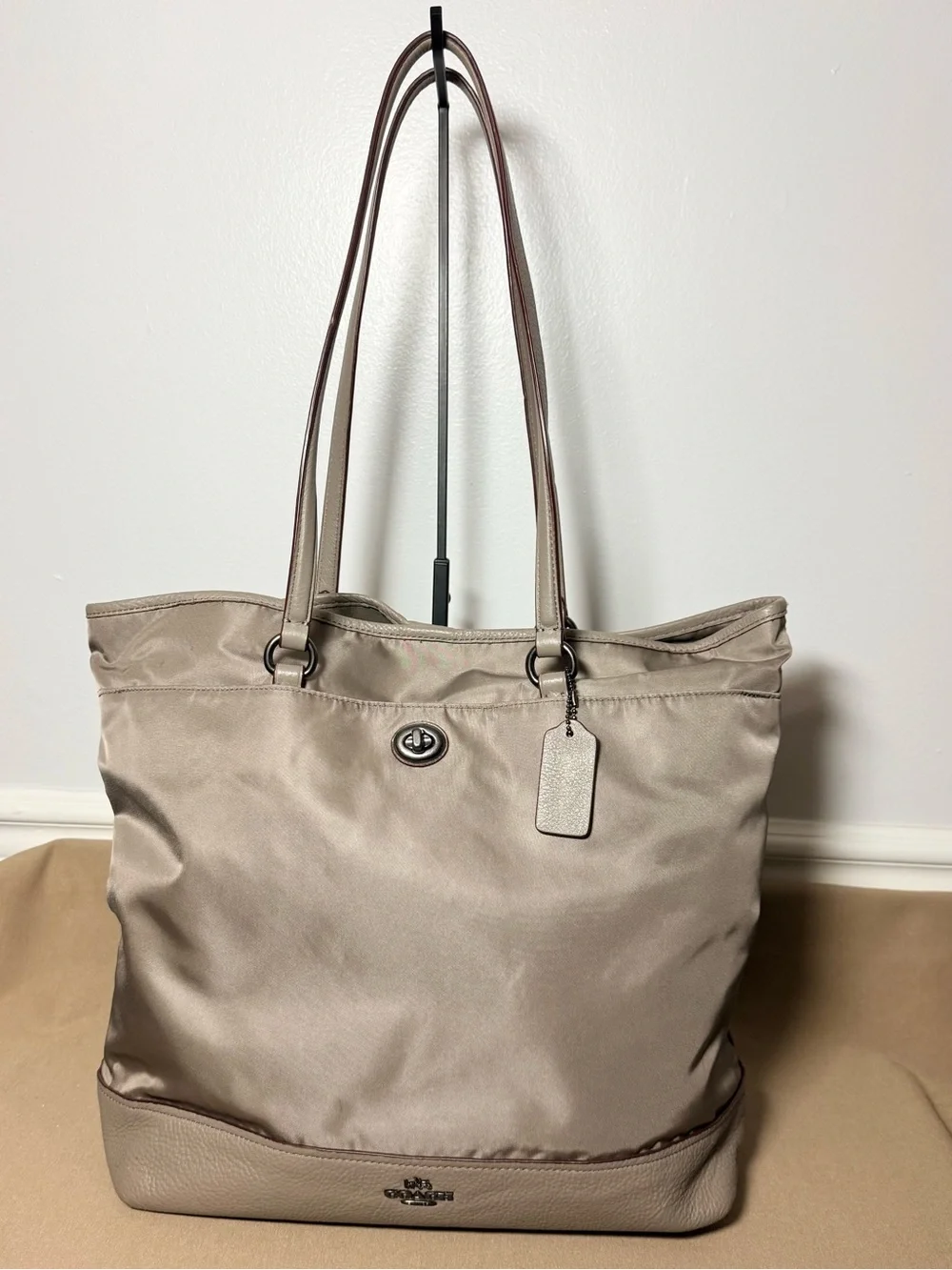 Coach Taupe Nylon & Leather Turnlock Carryall Large Tote Bag F57903